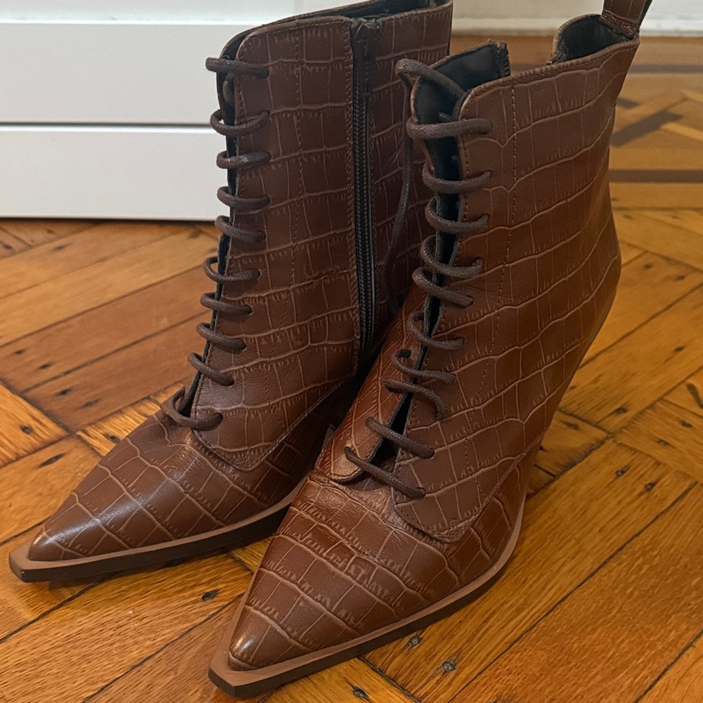 Croc-Embossed Lace-Up Ankle Boots